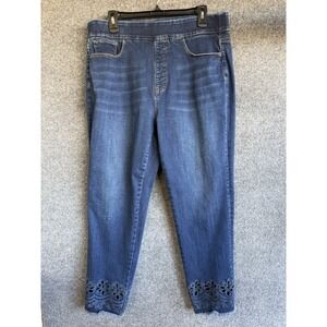 Soft Surroundings Large Dark Denim Jeans Lace at Bottom Pants Pull On Stretch P1